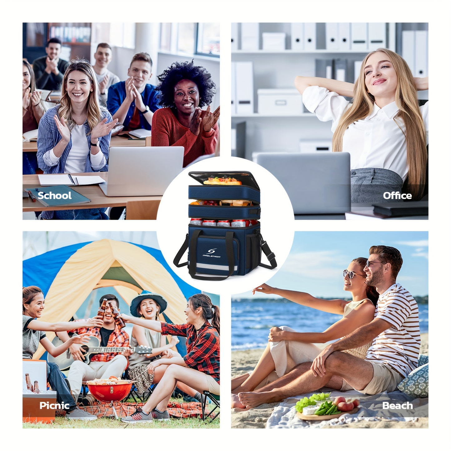 19L Triple-Compartment Lunch Bag with Three Stacked Zippers, Shoulder Strap and Four Color Options