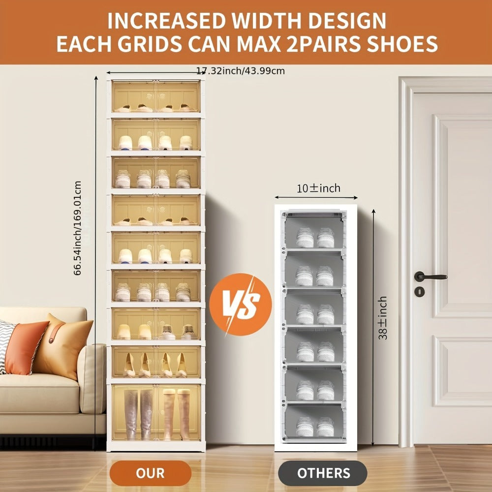 Shoe Rack Organizer 9-Tier, Collapsible Clear Plastic Foldable Stackable Shoe Cabinet with Shelves & Doors