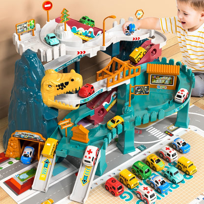 Dinosaur Race Track Toy Set for Kids with 10 Mini Cars & Ramp Launcher with the Listed Color, Size or Set Options for Everyday Use