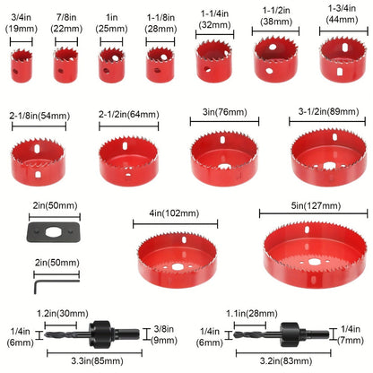 Carbon Steel Hole Saw Kit Multi-Size with Mandrels & Hex Key, Quick-Change Hole Cutter Set for Wood PVC Drywall Cornhole Board & Metal