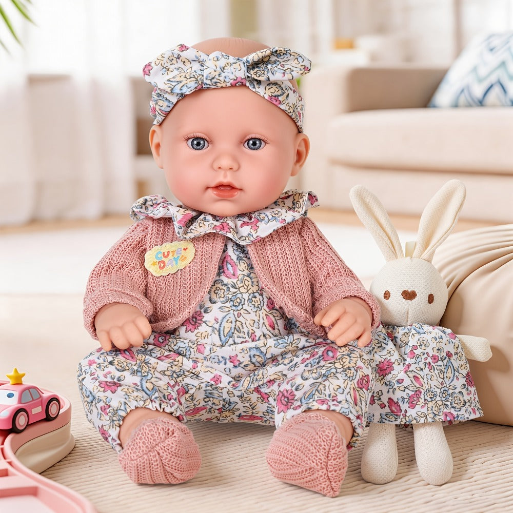 Floral Dress Baby Doll 12 Inch with Rabbit Plush Toy Gift Set, Realistic Vinyl Doll with Floral Outfit
