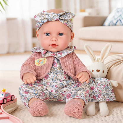 Floral Dress Baby Doll 12 Inch with Rabbit Plush Toy Gift Set, Realistic Vinyl Doll with Floral Outfit