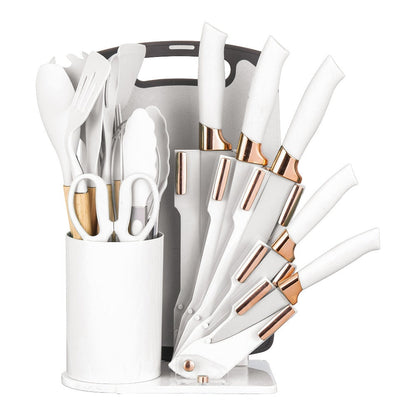 Kitchen Knife Set 19-Piece with Stainless Steel Blades, Wood Handles, Silicone Utensils, Board, Shears and Holder