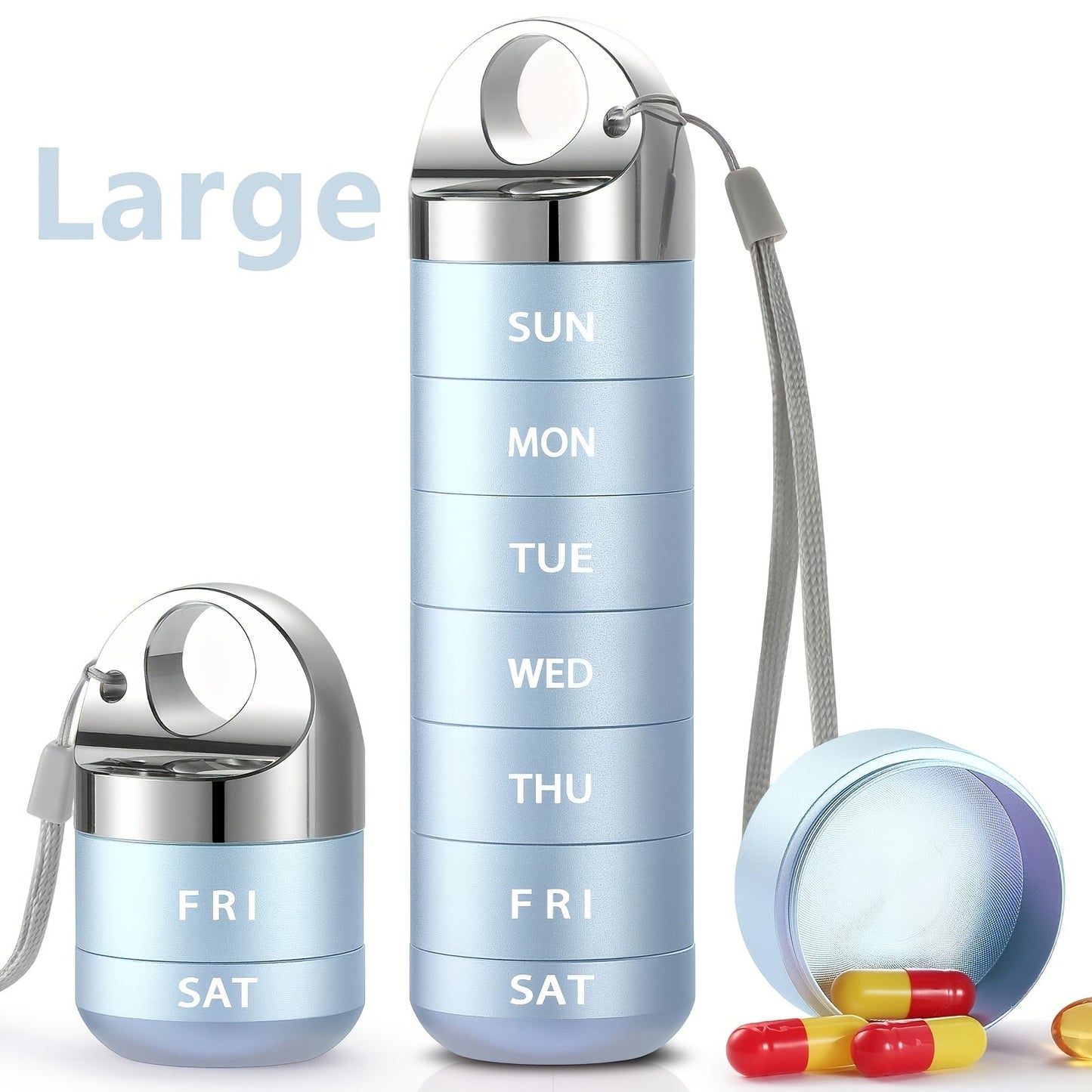 Weekly Pill Organizer, Large Aluminum Alloy 7-Day Pill Box for Medications Vitamins Supplements, Portable Travel Pill Case