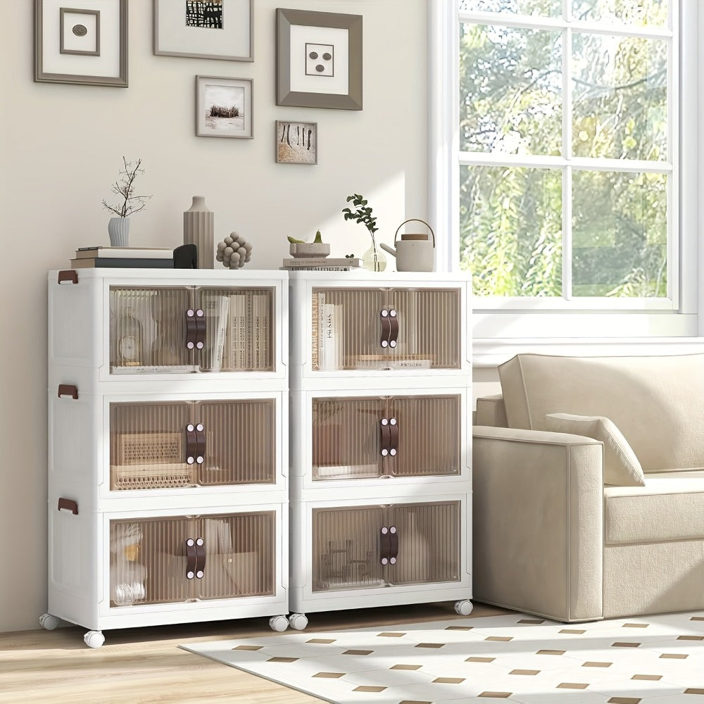 Front-Door Stackable Storage Bin Cabinets with Wheels in One-, Two- or Three-Pack Options for Home Use