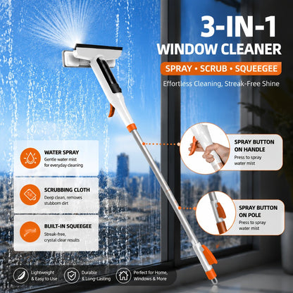 3-in-1 Glass Cleaning Kit with Durable Metal Pole & Scraper, Window Cleaner Tool for High Windows Shower Doors Car Windshields
