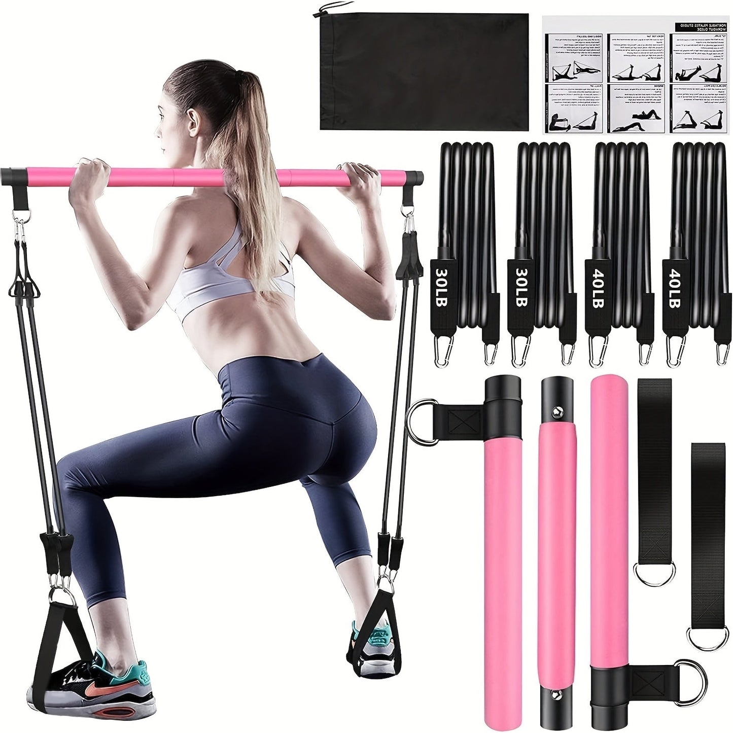 Resistance Band Pilates Bar Kit 8-Piece – 150LB Bands, Ankle Straps & Drawstring Bag, Portable Home Gym Fitness Set for Full Body Workout