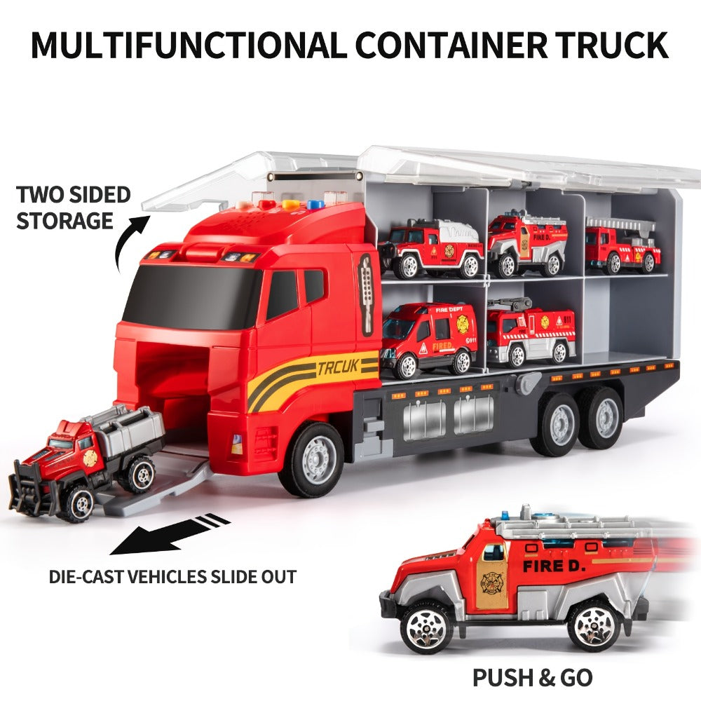 Fire Truck Toy Set for Kids Ages 3-6, Die-Cast Metal Carrier Truck with Play Mat, Emergency Vehicle Collection