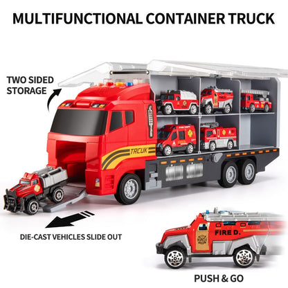 Fire Truck Toy Set for Kids Ages 3-6, Die-Cast Metal Carrier Truck with Play Mat, Emergency Vehicle Collection