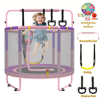 60 Inch Kids Trampoline 6-in-1 with Safety Net Enclosure, Basketball Hoop, Swing, Dart Board & Gymnastic Rings