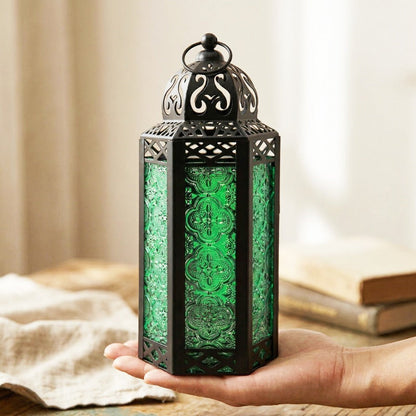 Moroccan Candle Lantern Holder - Decorative Metal & Glass Lantern with Embossed Floral Design for Indoor Home Decor