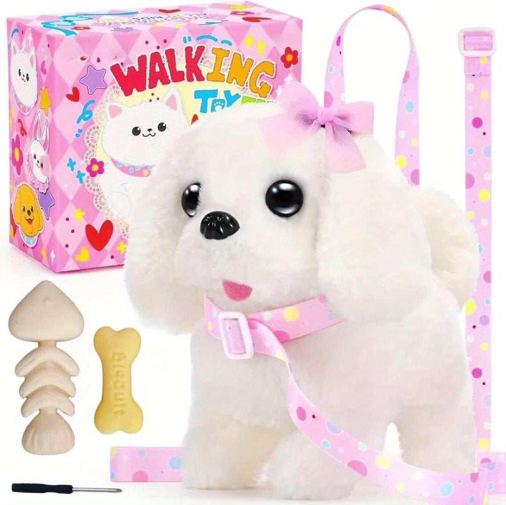 Plush Toy White Electronic Puppy with Walking, Barking, Tail-Wagging Action, Leash and Bow