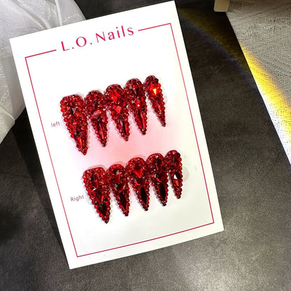 Press On Nails 10-Piece Long Water-Drop Set with Red Glass Glitter and Removable Self-Adhesive Gel Tabs