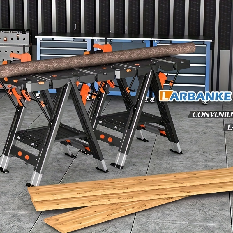 Folding Workbench Sawhorse 2-in-1 Height Adjustable Aluminum Legs Clamp Force with 4 Woodworking Clamps for DIY Garage Workshop Portable
