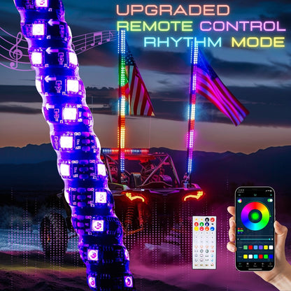 RGB LED Whip Lights for UTV ATV – 1ft/2ft/3ft/4ft Spiral Color Changing Neon Light Whips with Remote & App Control, Music Sync