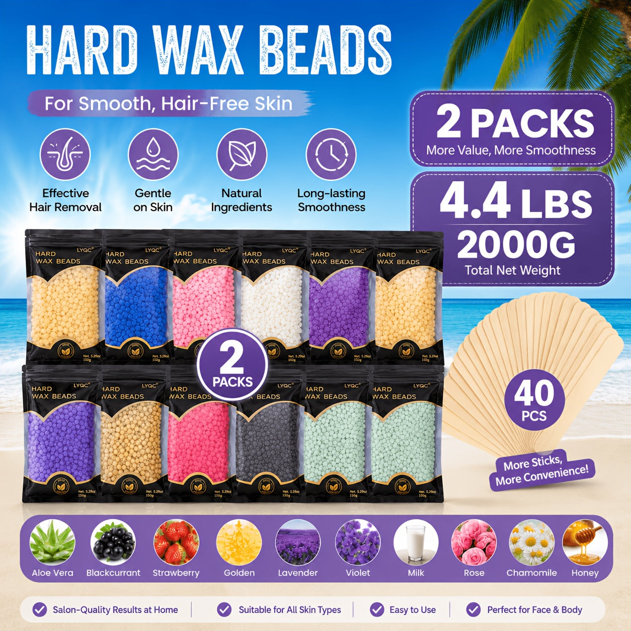 Hard Wax Beads for Hair Removal Full Body 1000g/2000g – Professional Waxing Kit with 20 Applicator Sticks