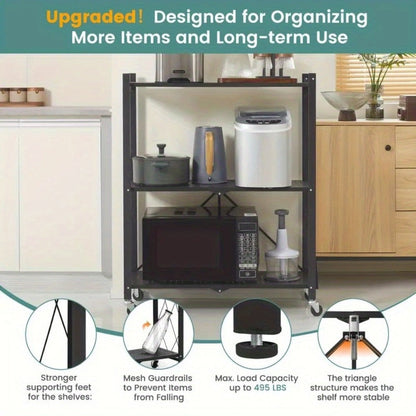 Heavy Duty Storage Rack with Wheels 3-Layer Foldable Metal Shelving Unit 750 LBS Capacity, Rolling Utility Cart for Garage Kitchen Pantry