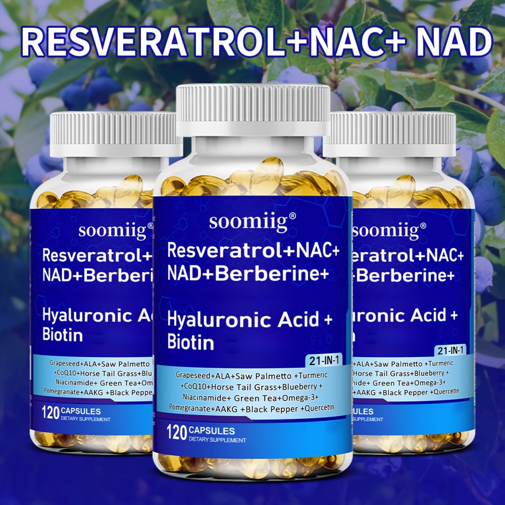 Resveratrol & NAC Supplement 120 Capsules with NAD, Collagen Peptides, Hyaluronic Acid, CoQ10, Quercetin & Omega-3