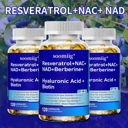 Resveratrol & NAC Supplement 120 Capsules with NAD, Collagen Peptides, Hyaluronic Acid, CoQ10, Quercetin & Omega-3