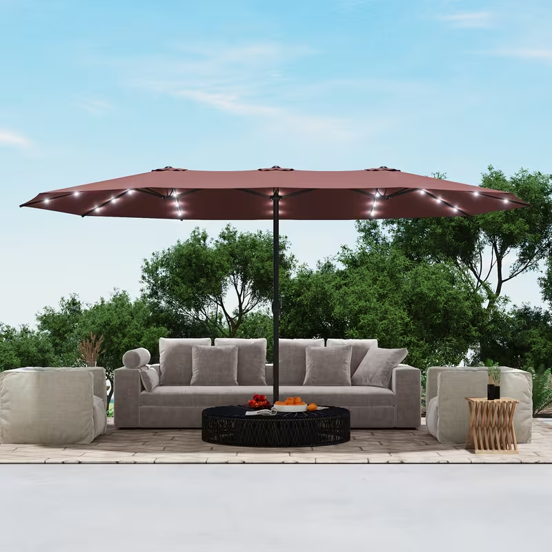 Patio Umbrella 15x9FT Double-Sided Rectangle with Optional 36 LEDs, 12-Rib Frame and Eight Color-Light Options