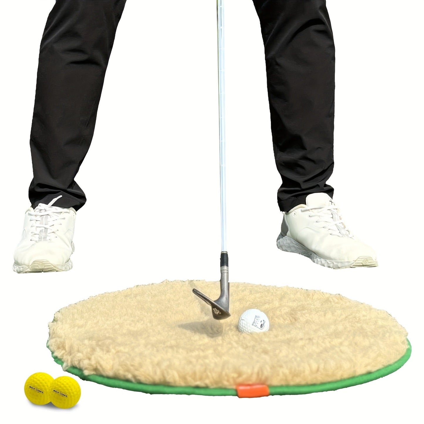 Round Golf Bunker Practice Mat with 19.69-Inch Diameter, Two Yellow Practice Balls and Green Border