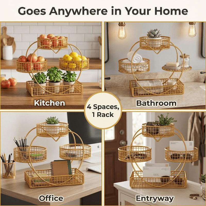 Three-Tier Gold-Tone Wire Fruit Basket with Three Round Bowls and Rectangular Countertop Base