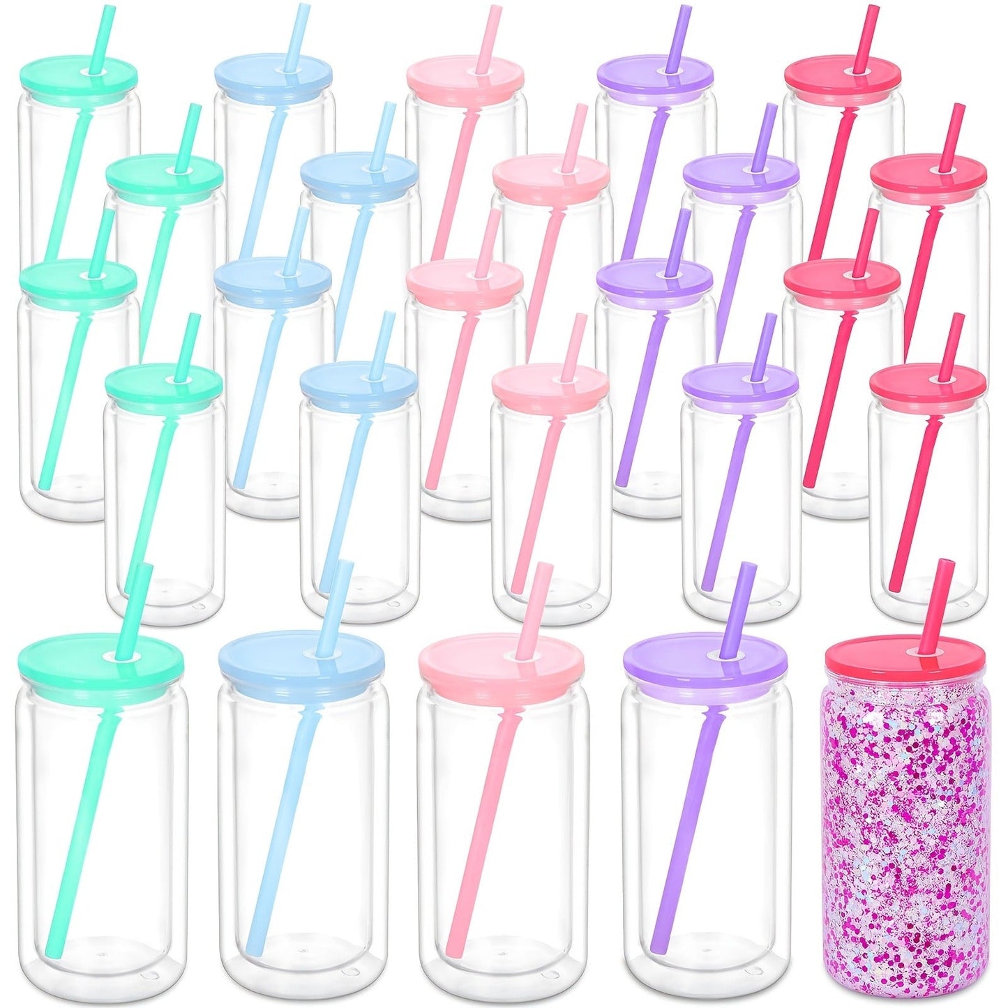 16oz Plastic Cups with Lids and Straws Bulk 25pcs Set Clear Flat Bottom Tumbler Single or Double Wall for Iced Coffee Boba Water Juice Party