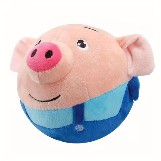 Electronic Rolling Dog Toy Ball – USB Rechargeable Cartoon Pig Plush Toy with Jumping Vibration & Sound, Automatic Self-Moving Washable