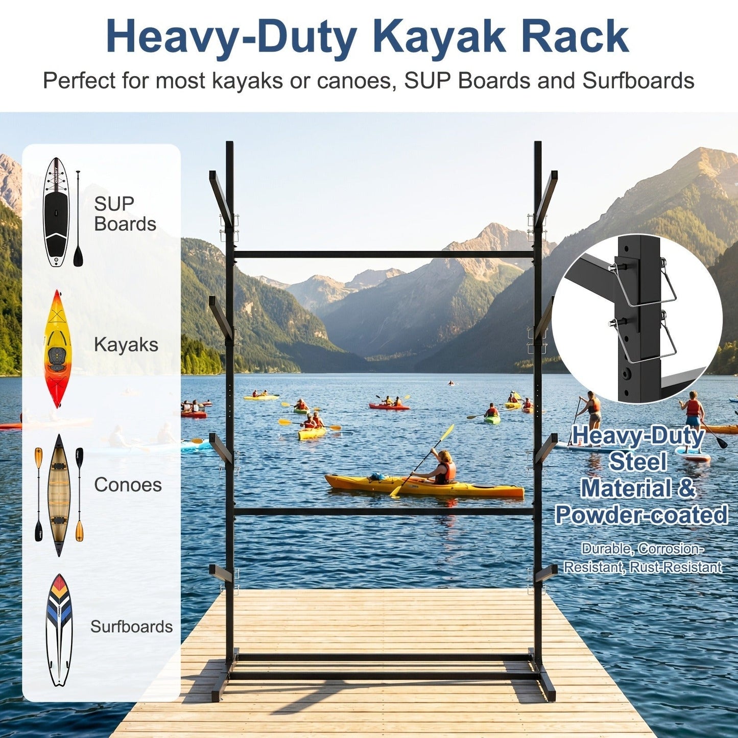 Kayak Storage Rack, Adjustable Stand for SUP, Canoe & Paddle Board, Wall, Dock & Freestanding, 400 lbs Capacity
