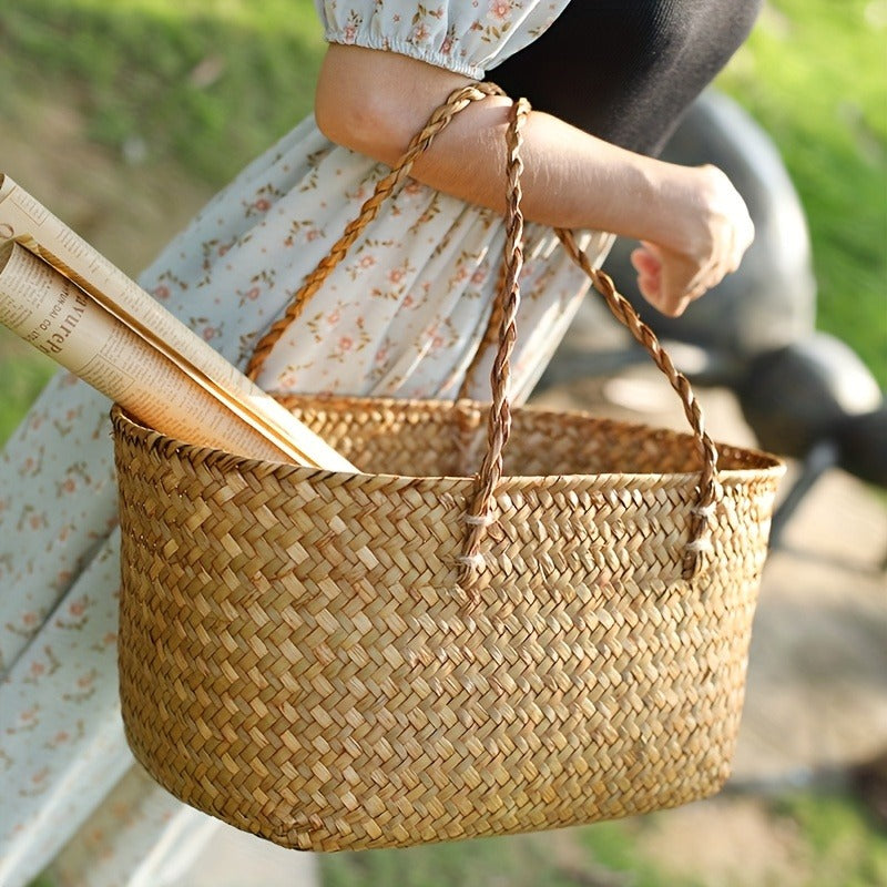 Large Woven Straw Picnic Tote Basket with Long Handles, Open Top Natural-Color Outdoor Carry Design