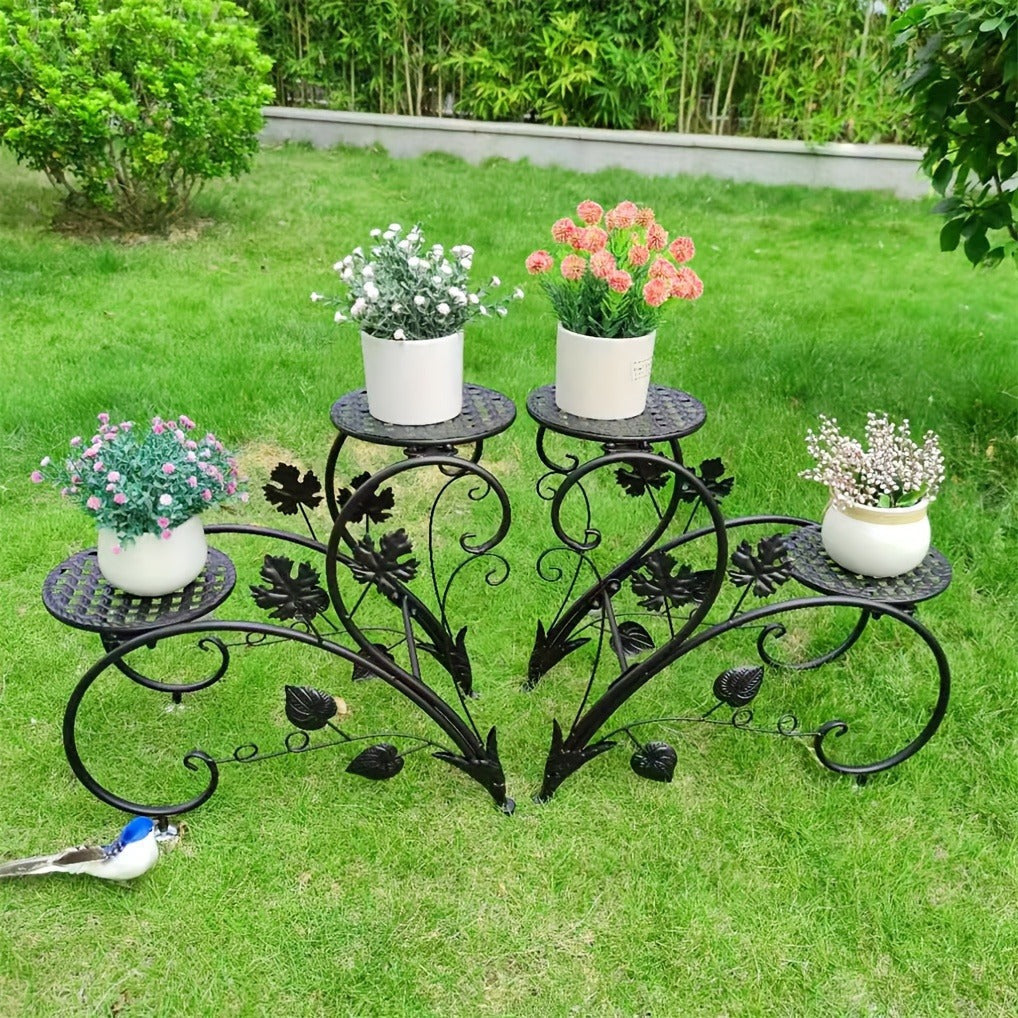 Two-Piece Half-Heart Metal Plant Stand Set with Four-Tier Pot Display for Garden, Patio or Home
