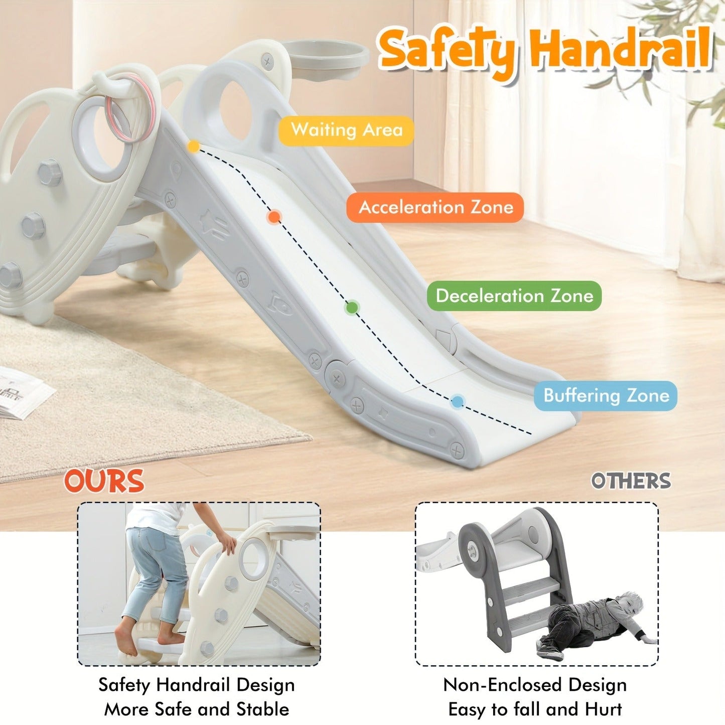 Foldable Toddler Slide for Indoor & Outdoor – Non-Slip Steps, Safe Handrail, Anti-Slip Mat, Extra-Long Buffer Slide