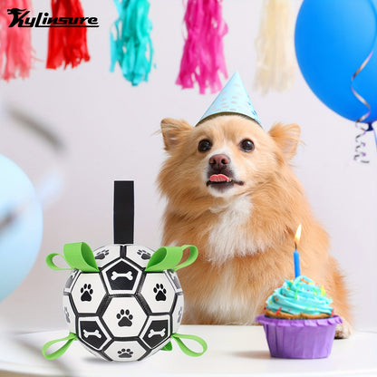 Soccer Ball Dog Toy with Straps – Interactive Tug of War Ball for Dogs, Durable Outdoor Water Toy for Small Medium Dogs