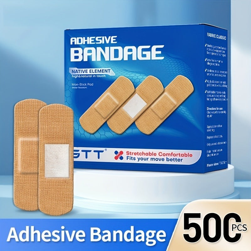 500-Piece Dark Brown Adhesive Bandage Pack with Flexible Fabric Strips for Home and Travel First Aid