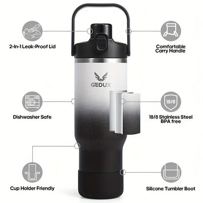 Vacuum Insulated Tumbler 32oz Stainless Steel with Handle Straw 2-in-1 Lid Chug Straw Lid Silicone Boot Matte Finish Keeps Drinks Cold Hot