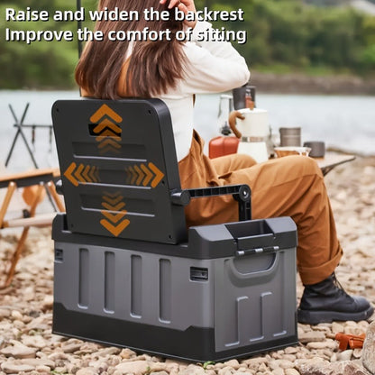 Folding Storage Box & Fishing Stool 2-in-1, Large Portable Organizer with Backrest for Car Trunk