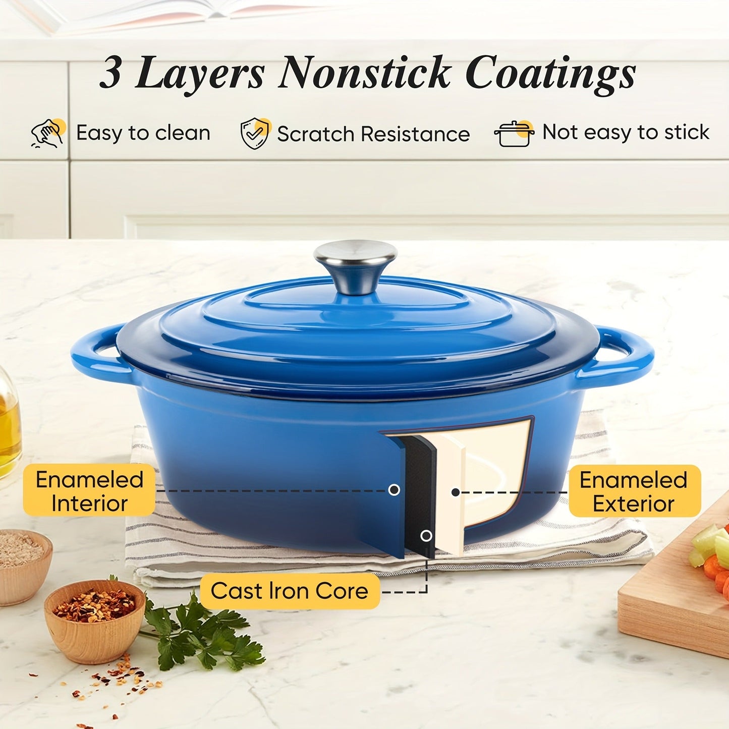 Dutch Oven Enameled Cast Iron 4.5QT with Lid & Dual Handles – Oval Non-Stick Enamel Coating for Bread Baking Soups Stews Braising | Stovetop