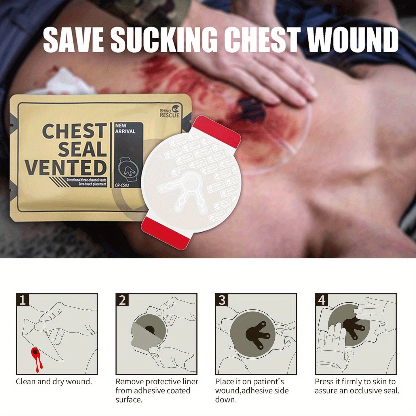 Non-Vented Chest Seal Emergency Trauma Dressing for Sucking Chest Wounds, Portable IFAK Medical Supply PA Nylon FSA HSA Eligible