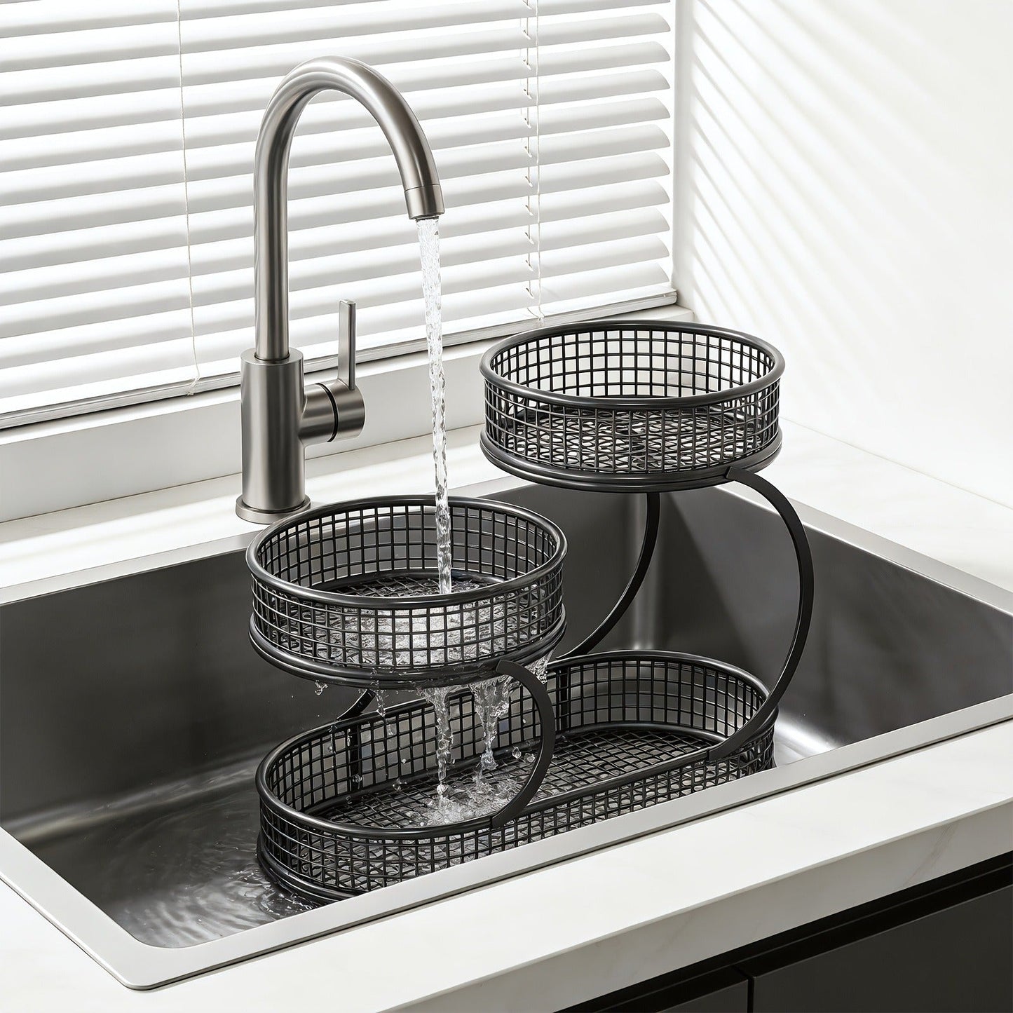 Three-Level Black Wire Fruit Basket with Two Round Bowls and 15.75-Inch Rectangular Base Tray