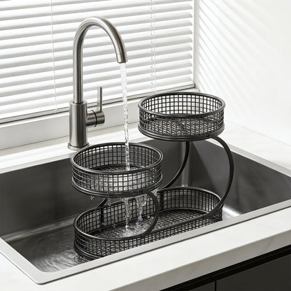 Three-Level Black Wire Fruit Basket with Two Round Bowls and 15.75-Inch Rectangular Base Tray