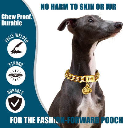 Cuban Link Dog Chain Collar – 19mm Gold Plated Stainless Steel with Snap Lock, 6 Sizes for Puppy Small Medium Large Dogs
