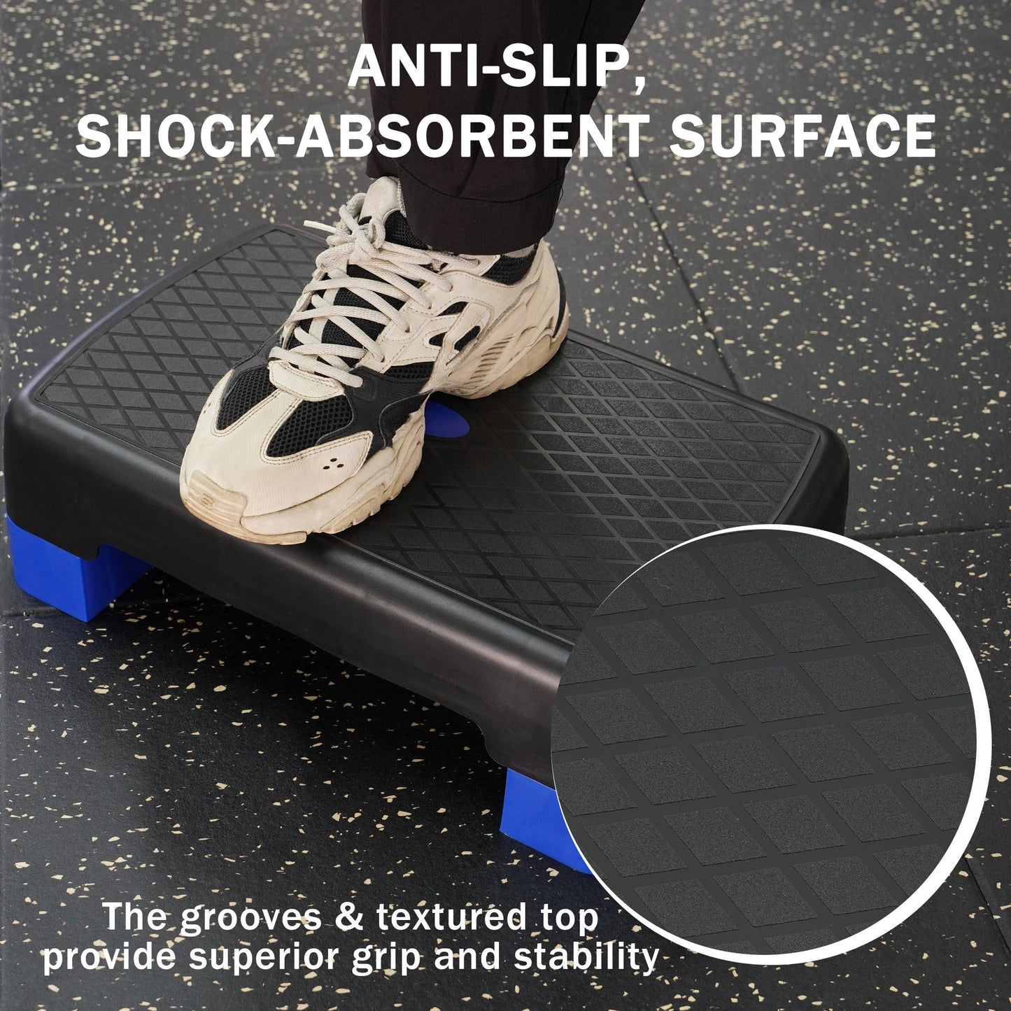 Aerobic Step Platform Adjustable Height with 2 Risers – Non-Slip Workout Stepper 18"x11", 440 LB Capacity
