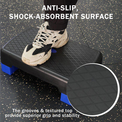 Aerobic Step Platform Adjustable Height with 2 Risers – Non-Slip Workout Stepper 18"x11", 440 LB Capacity