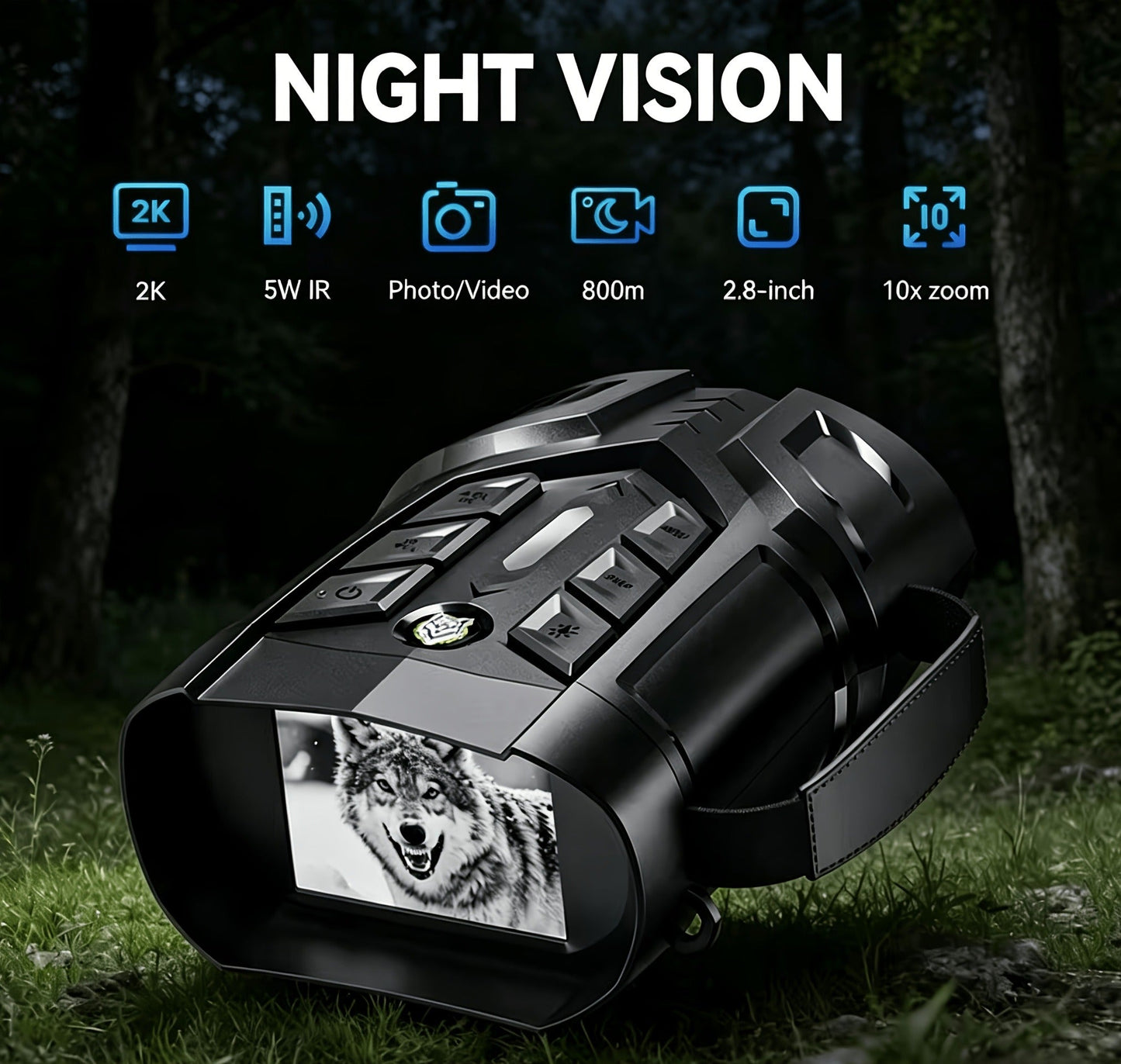 Night Vision Goggles 2K Ultra HD – 5W IR Binoculars with 2.8" IPS Screen, 10X Optical Zoom, 2600ft Range & 2000mAh Rechargeable Battery |