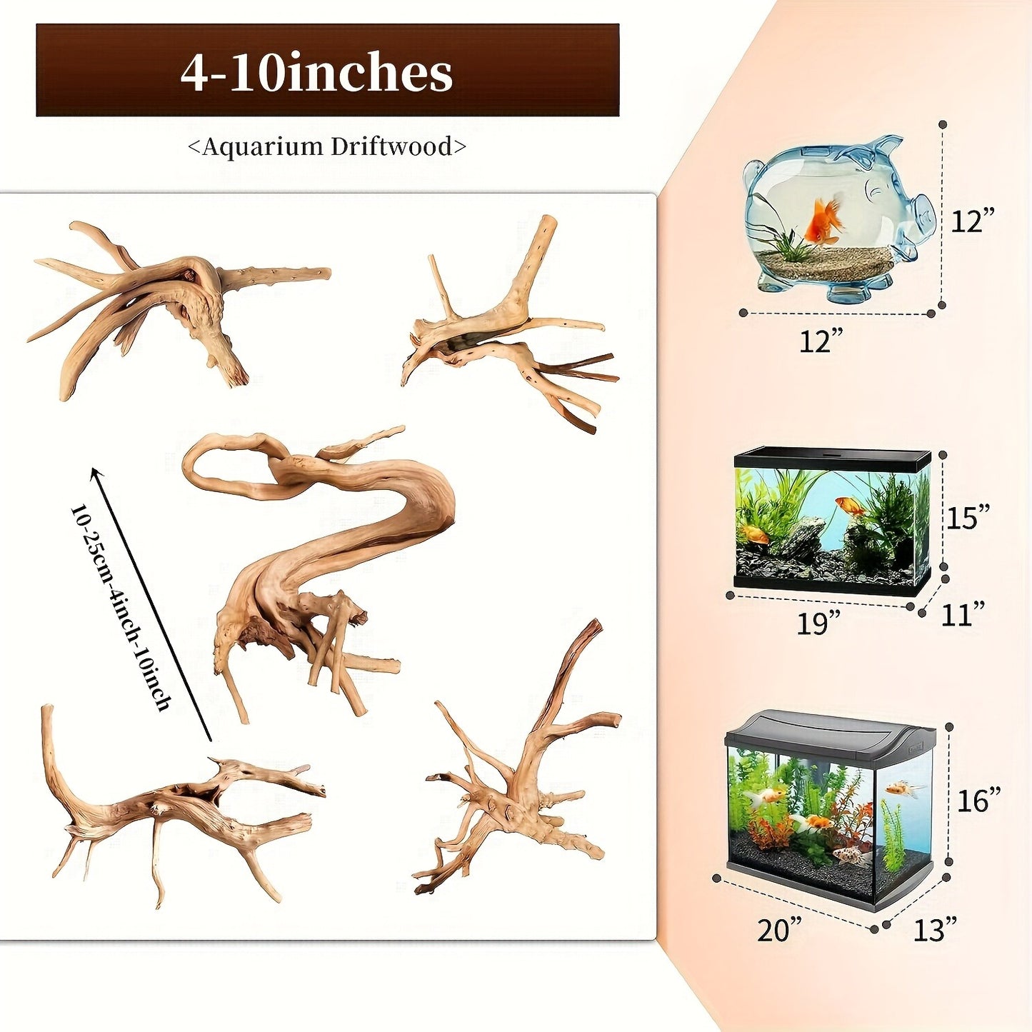 Natural Driftwood for Aquarium Reptile Terrarium – 5-Pack Assorted Branches Decoration for Freshwater & Saltwater Fish Tanks