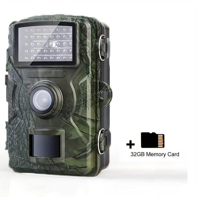 48MP 1296P Trail Camera with Infrared LEDs, Color Screen and Included 32GB Memory Card in Green Camo Housing