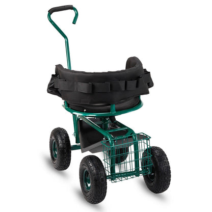 Rolling Garden Seat Cart, Backrest, Cushion, Telescopic Handle & Storage Basket, Steel Frame