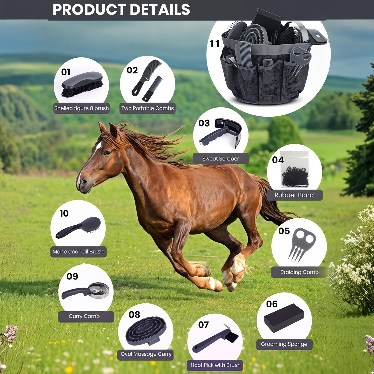 Horse Grooming Kit 11-Piece Set with Storage Bag – Complete Beginner & Daily Care Set with Curry Comb, Reversible Brush & Braiding Tools |