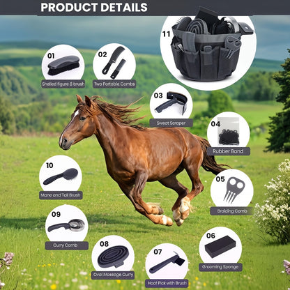 Horse Grooming Kit 11-Piece Set with Storage Bag – Complete Beginner & Daily Care Set with Curry Comb, Reversible Brush & Braiding Tools |