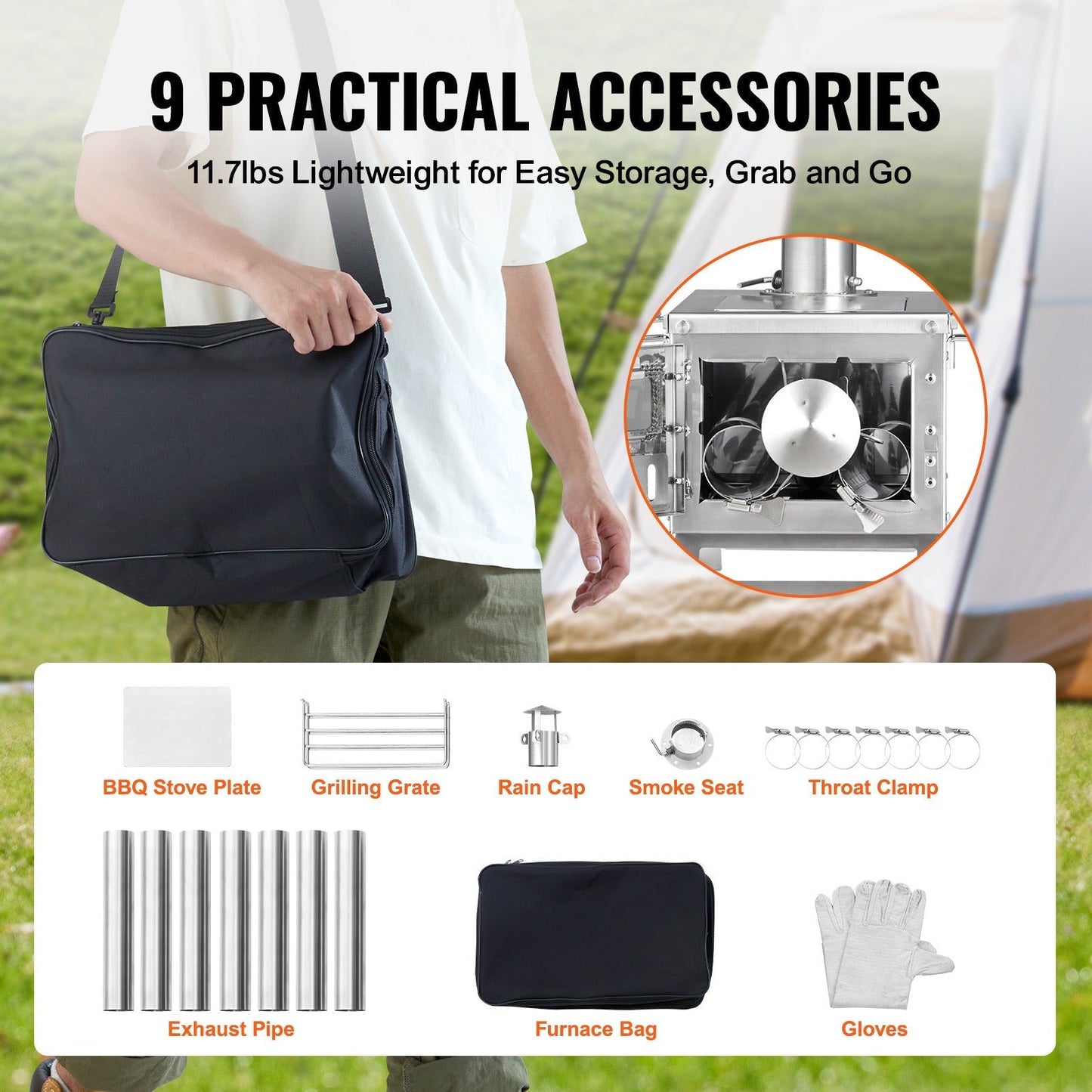 Wood Stove Camping Tent Stove 80 Inch Stainless Steel, 700in³ Firebox, 8 Accessories, BBQ Grill Plate